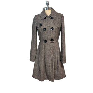 Ben Sherman Coat Brown Glen Plaid Pleated Long Peacoat Wool Small